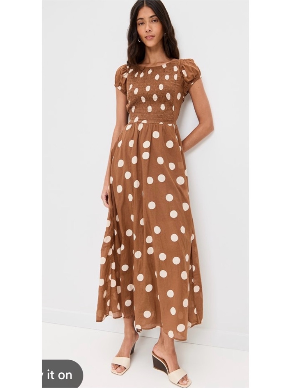 Brown Polka Dot Maxi Dress with Smocked Bodice